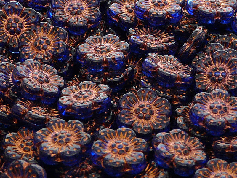 12 pcs Flower Beads, 14mm, Sapphire with Bronze Fired Color, Czech Glass