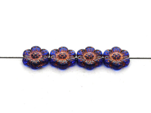 12 pcs Flower Beads, 14mm, Sapphire with Bronze Fired Color, Czech Glass