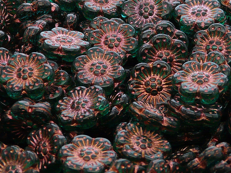 12 pcs Flower Beads, 14mm, Emerald with Bronze Fired Color, Czech Glass