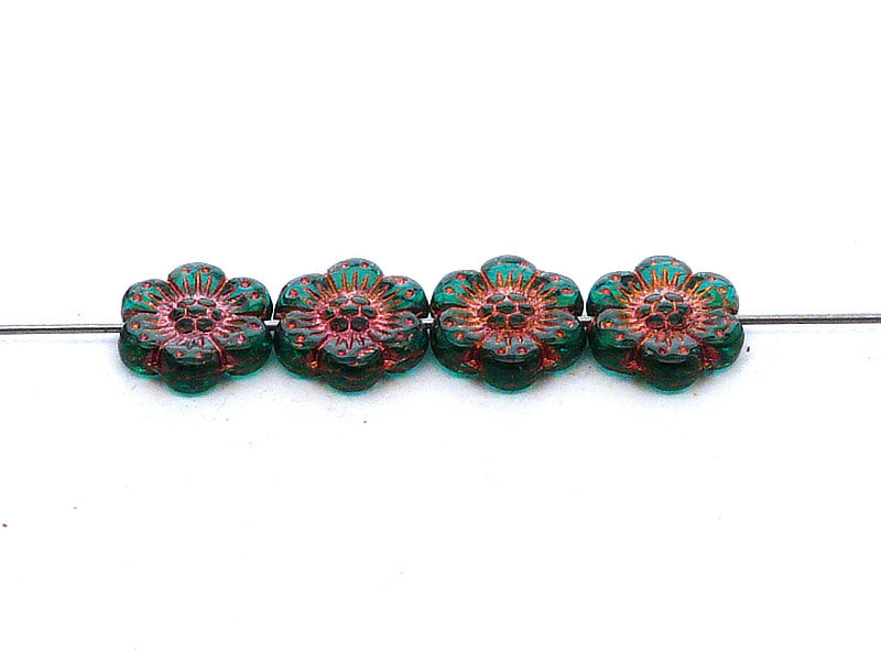 12 pcs Flower Beads, 14mm, Emerald with Bronze Fired Color, Czech Glass