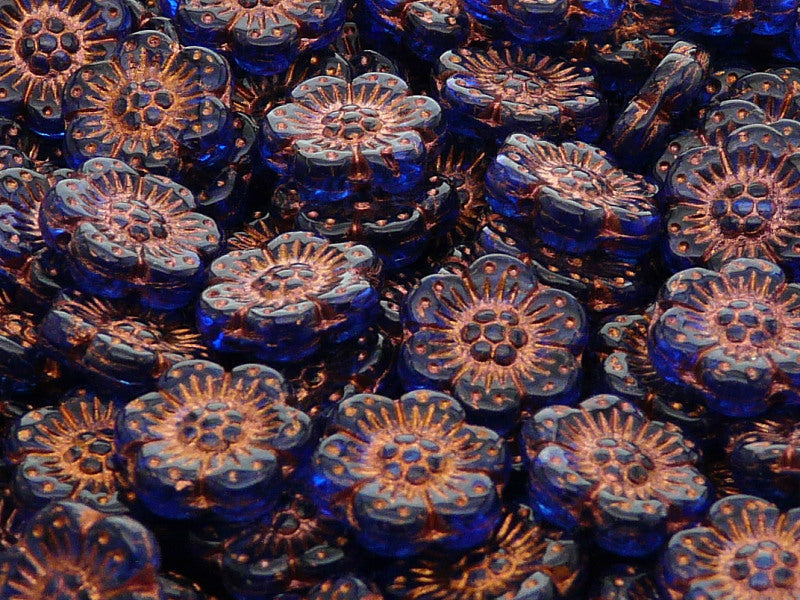 12 pcs Flower Beads, 14mm, Blue Transparent with Bronze Fired Color, Czech Glass