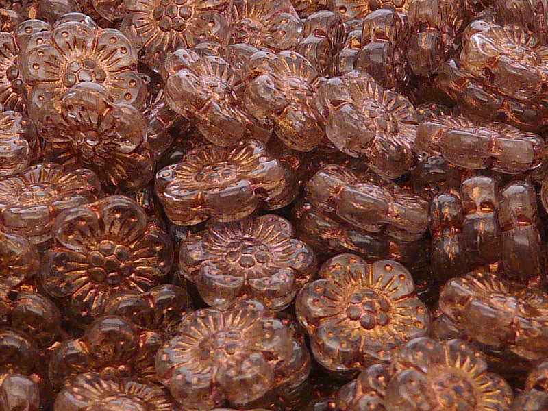 12 pcs Flower Beads, 14mm, Rosaline with Bronze Fired Color, Czech Glass