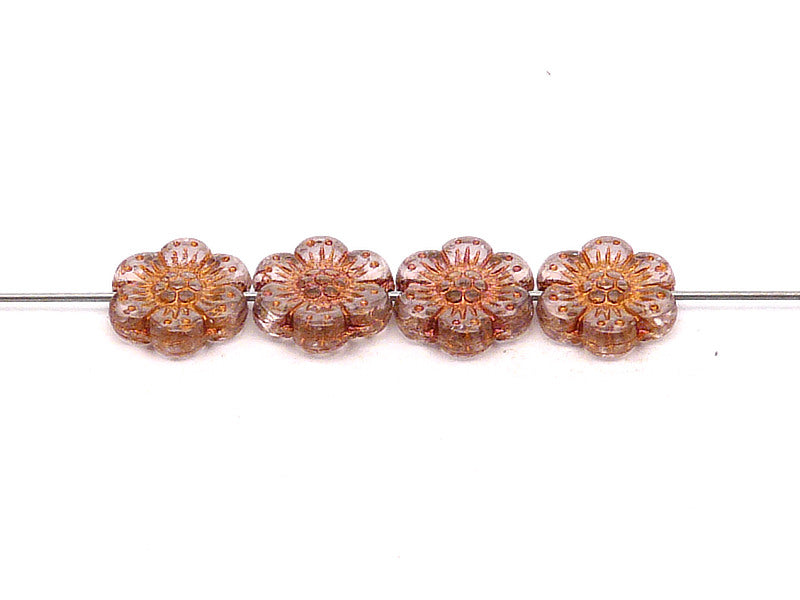 12 pcs Flower Beads, 14mm, Rosaline with Bronze Fired Color, Czech Glass
