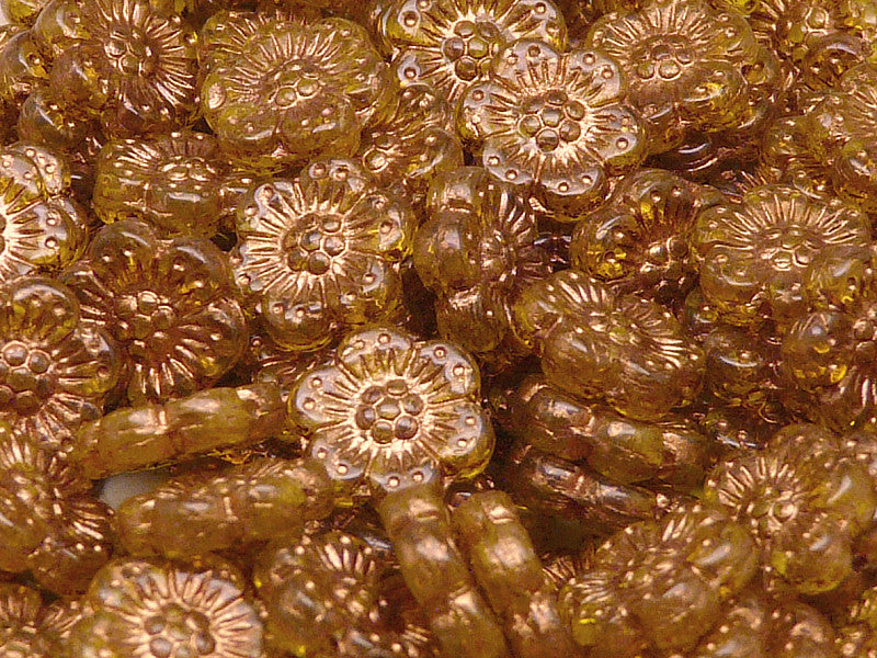 12 pcs Flower Beads, 14mm, Amber with Bronze Fired Color, Czech Glass