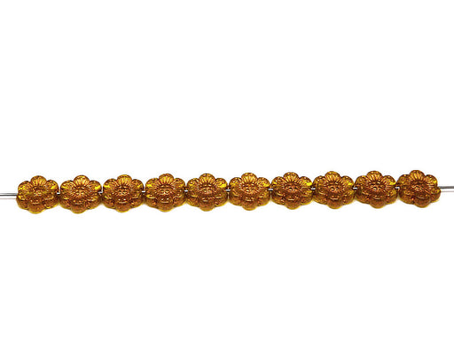 12 pcs Flower Beads, 14mm, Amber with Bronze Fired Color, Czech Glass