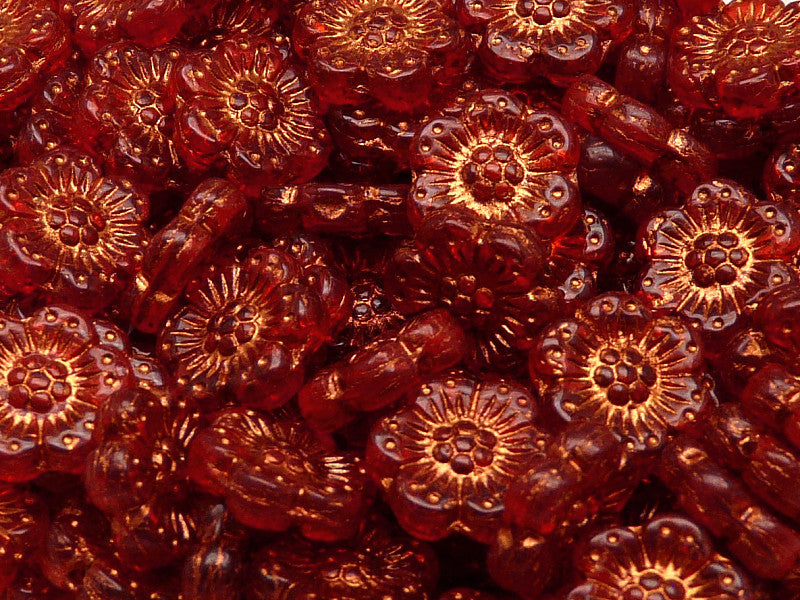 12 pcs Flower Beads, 14mm, Hyacinth with Bronze Fired Color, Czech Glass
