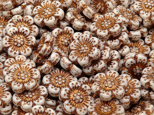 12 pcs Flower Beads, 14mm, Chalk White with Bronze Fired Color, Czech Glass