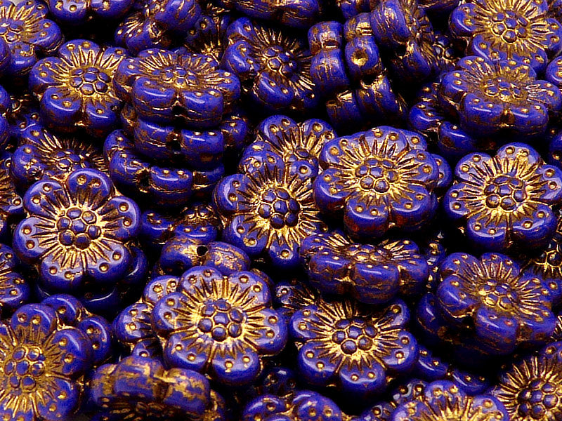 12 pcs Flower Beads, 14mm, Opaque Sapphire with Golden Fired, Czech Glass