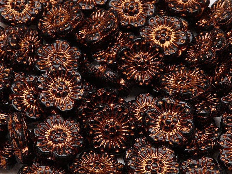 12 pcs Flower Beads, 14mm, Jet Black with Bronze Fired Color, Czech Glass