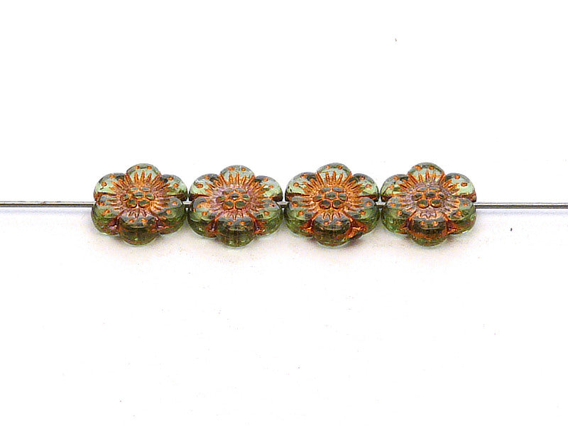 12 pcs Flower Beads, 14mm, Green Peridot with Bronze Fired Color, Czech Glass