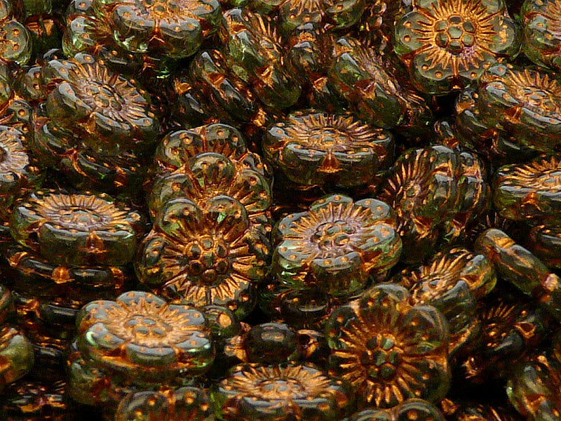 12 pcs Flower Beads, 14mm, Green Peridot with Bronze Fired Color, Czech Glass