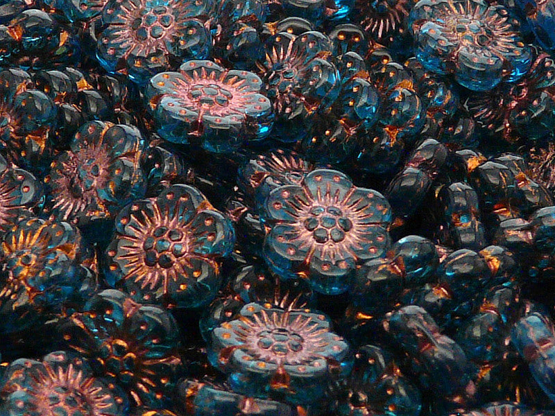 12 pcs Flower Beads, 14mm, Aquamarine with Bronze Fired Color, Czech Glass