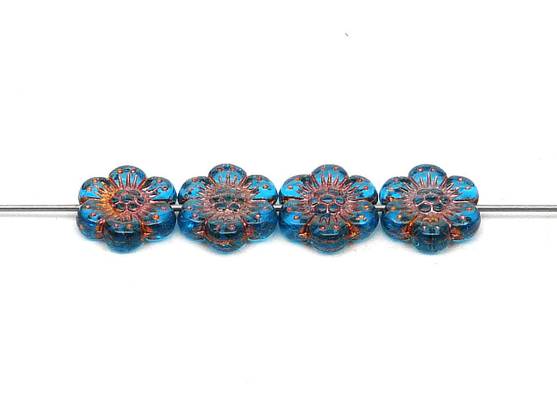 12 pcs Flower Beads, 14mm, Aquamarine with Bronze Fired Color, Czech Glass