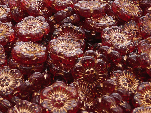 12 pcs Flower Beads, 14mm, Ruby with Bronze Fired Color, Czech Glass