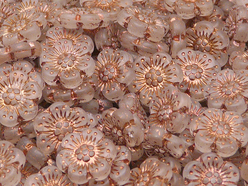 12 pcs Flower Beads, 14mm, Crystal Matte with Bronze Fired Color, Czech Glass