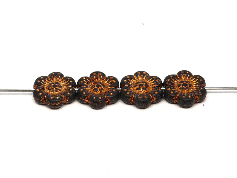 12 pcs Flower Beads, 14mm, Jet Black Matte with Bronze Fired Color, Czech Glass