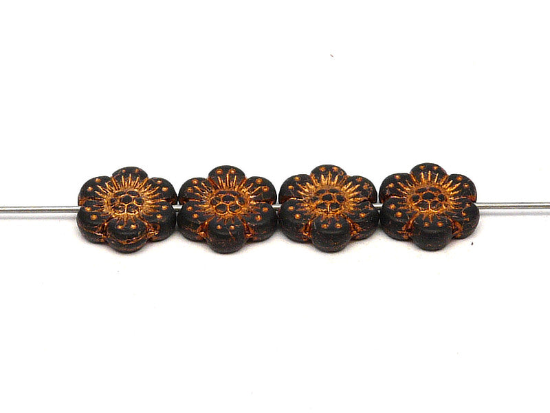 12 pcs Flower Beads, 14mm, Jet Black Matte with Bronze Fired Color, Czech Glass