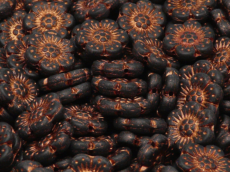 12 pcs Flower Beads, 14mm, Jet Black Matte with Bronze Fired Color, Czech Glass