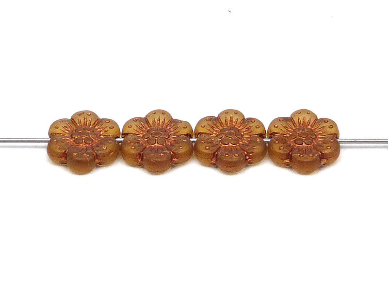 12 pcs Flower Beads, 14mm, Topaz Matte with Bronze Fired Color, Czech Glass