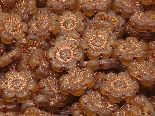 12 pcs Flower Beads, 14mm, Topaz Matte with Bronze Fired Color, Czech Glass