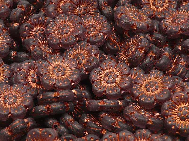 12 pcs Flower Beads, 14mm, Amethyst Matte with Bronze Fired Color, Czech Glass