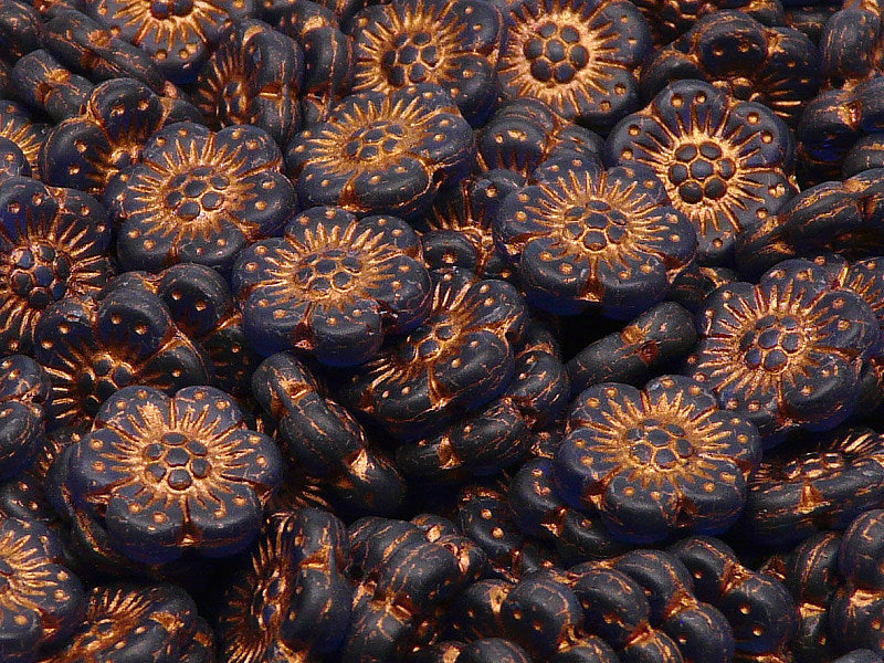 12 pcs Flower Beads, 14mm, Sapphire Matte with Bronze Fired Color, Czech Glass
