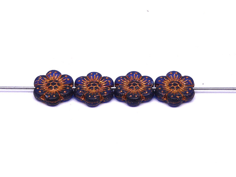12 pcs Flower Beads, 14mm, Sapphire Matte with Bronze Fired Color, Czech Glass