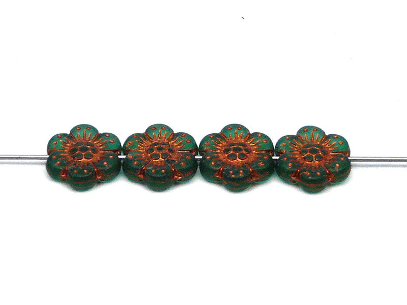 12 pcs Flower Beads, 14mm, Emerald Matte with Bronze Fired Color, Czech Glass