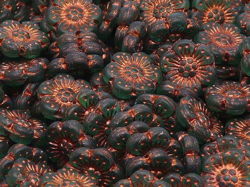 12 pcs Flower Beads, 14mm, Emerald Matte with Bronze Fired Color, Czech Glass