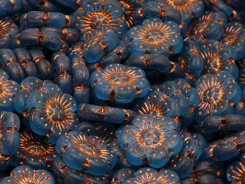 12 pcs Flower Beads, 14mm, Aquamarine Matte with Bronze Fired Color, Czech Glass