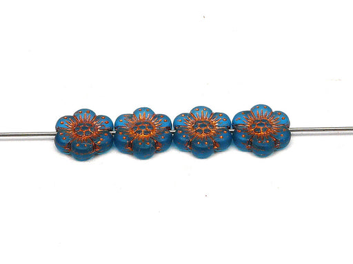 12 pcs Flower Beads, 14mm, Aquamarine Matte with Bronze Fired Color, Czech Glass
