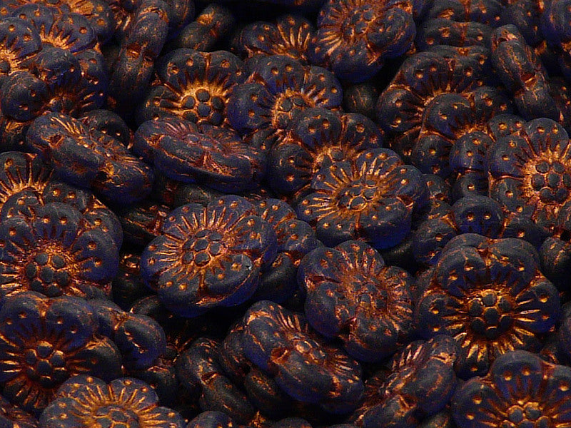 12 pcs Flower Beads, 14mm, Blue Transparent Matte with Bronze Fired Color, Czech Glass
