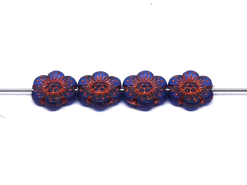 12 pcs Flower Beads, 14mm, Blue Transparent Matte with Bronze Fired Color, Czech Glass