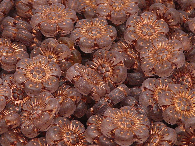 12 pcs Flower Beads, 14mm, Rosaline Matte with Bronze Fired Color, Czech Glass