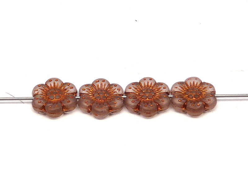 12 pcs Flower Beads, 14mm, Rosaline Matte with Bronze Fired Color, Czech Glass