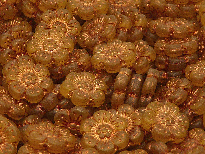 12 pcs Flower Beads, 14mm, Amber Matte with Bronze Fired Color, Czech Glass