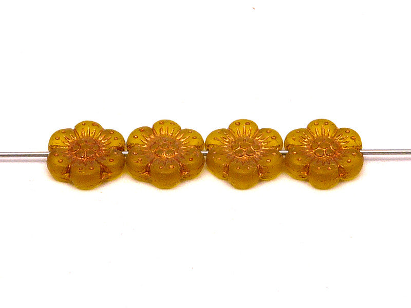 12 pcs Flower Beads, 14mm, Amber Matte with Bronze Fired Color, Czech Glass