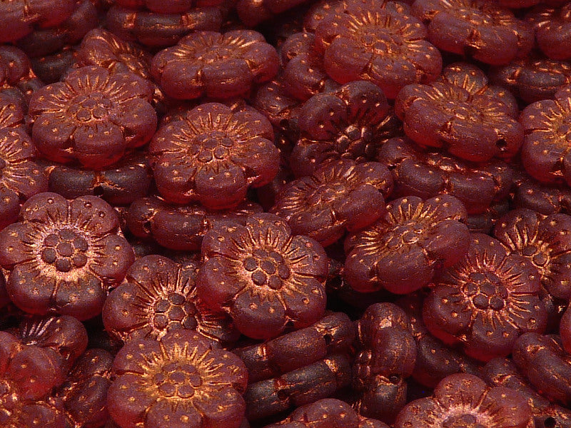 12 pcs Flower Beads, 14mm, Ruby Matte with Bronze Fired Color, Czech Glass