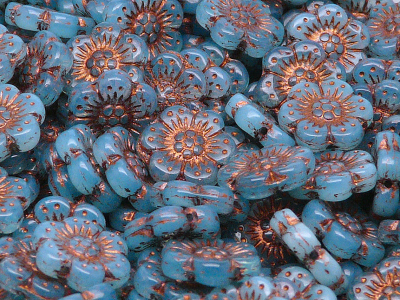 12 pcs Flower Beads, 14mm, Opal Aqua with Bronze Fired Color, Czech Glass