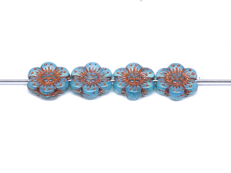 12 pcs Flower Beads, 14mm, Opal Aqua with Bronze Fired Color, Czech Glass