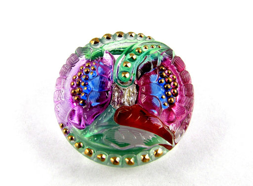 Czech Glass Button Hand Painted, Size 12 (27.0mm | 1 1/16''), Floral Design Pink Purple, Czech Glass