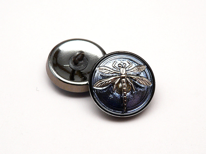 1 pc Czech Glass Button, Blue Montana Silver Dragonfly, Hand Painted, Size 8 (18mm)