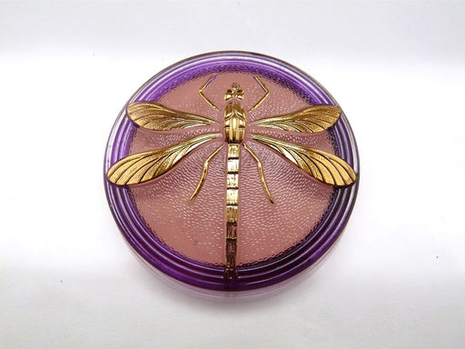 1 pc Czech Glass Cabochon Pink Purple Crystal with Gold Dragonfly (Smooth Reverse Side), Hand Painted, Size 18 (40.5mm)