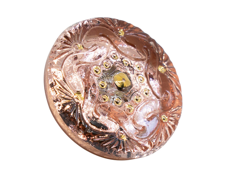1 pc Czech Glass Buttons Hand Painted, Size 8 (18.0mm | 3/4''), Transparent Chain Ornament with Rose Gold Background, Czech Glass