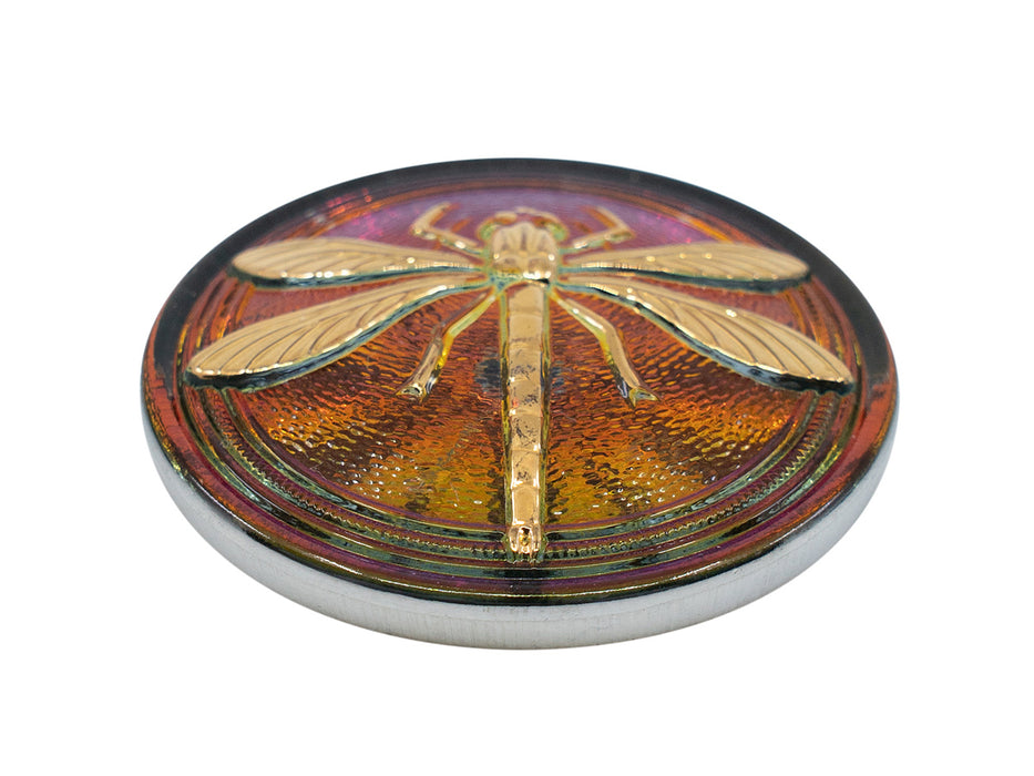 1 pc Czech Glass Cabochons 31.5 mm, Purple Orange Chameleon With Gold Dragonfly, Czech Glass