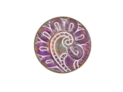 Czech Glass Buttons Hand Painted, Size 10 (22.5mm | 7/8''), Purple Orange Chameleon with White Stroked Ornament, Czech Glass