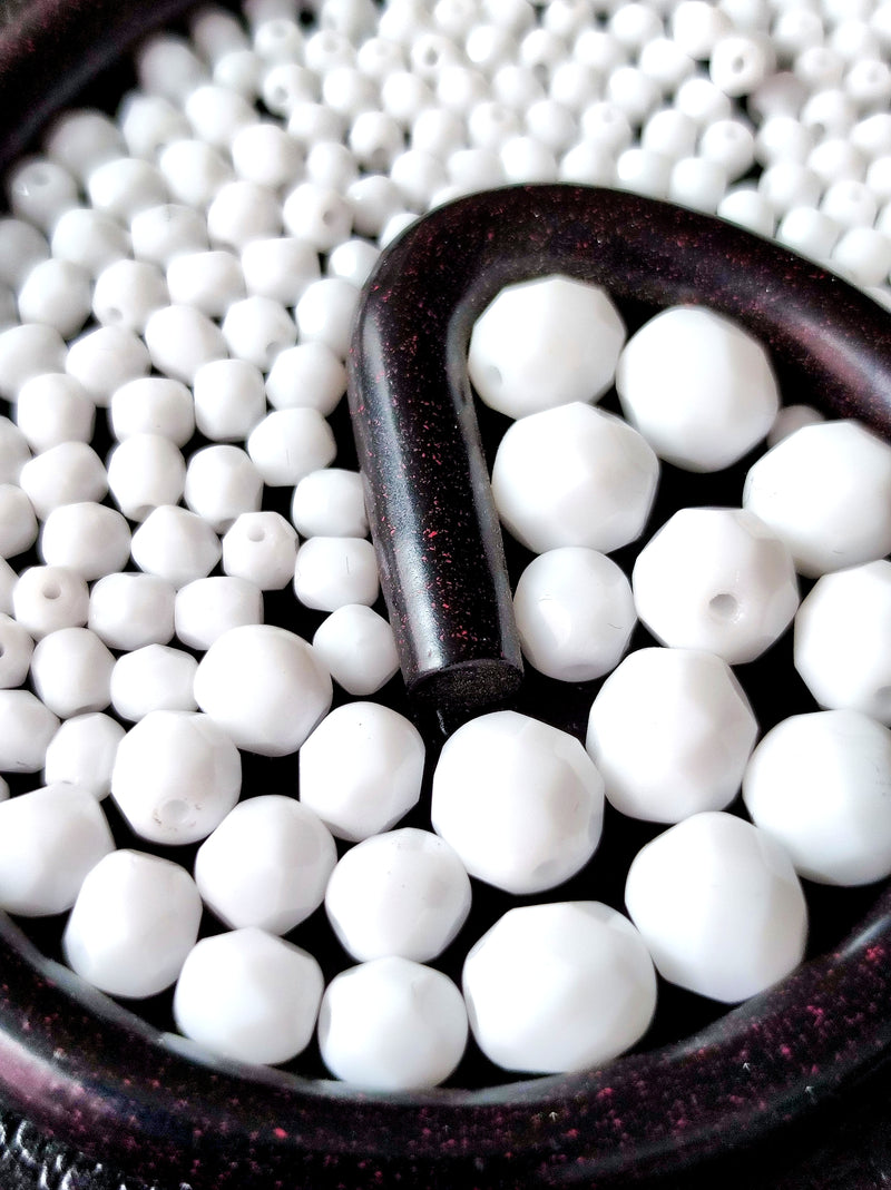 Set of Round Fire Polished Beads (3mm, 4mm, 6mm, 8mm), Chalk White, Czech Glass