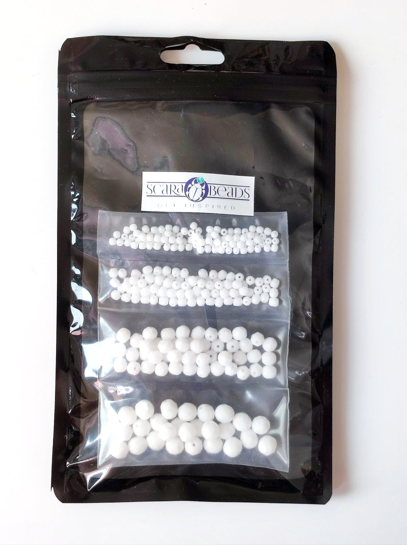 Set of Round Fire Polished Beads (3mm, 4mm, 6mm, 8mm), Chalk White, Czech Glass