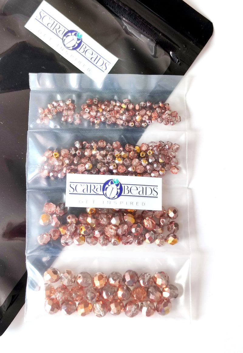 Set of Round Fire Polished Beads (3mm, 4mm, 6mm, 8mm), Crystal Capri Gold, Czech Glass