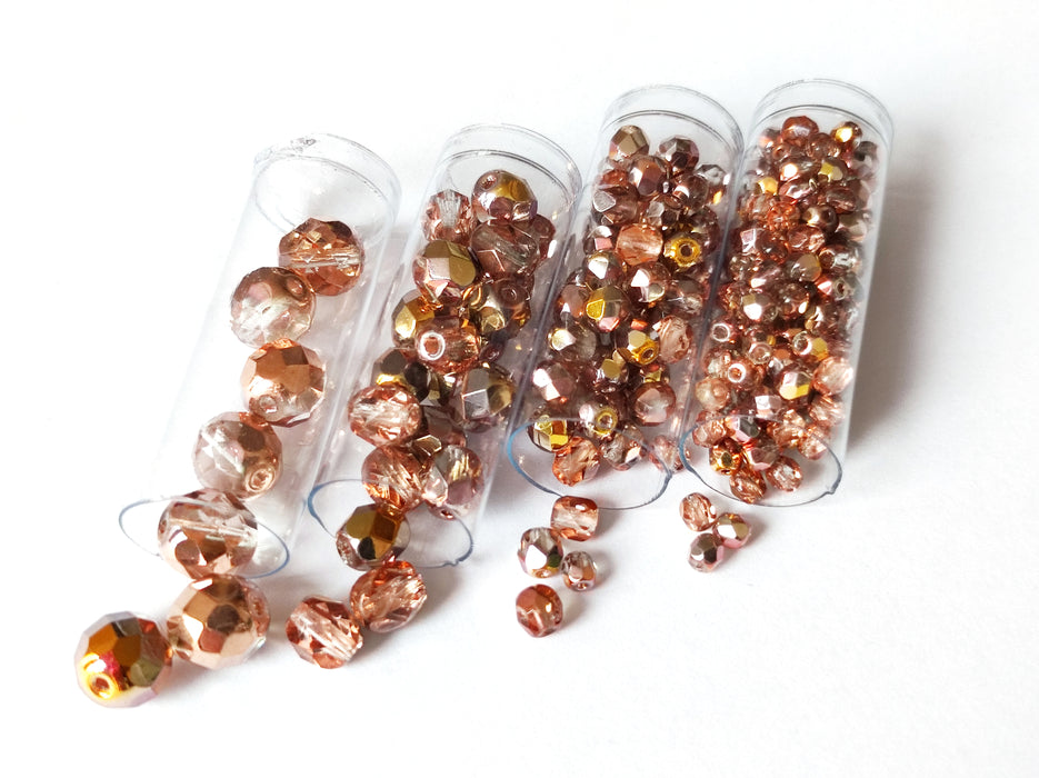 Set of Round Fire Polished Beads (3mm, 4mm, 6mm, 8mm), Crystal Capri Gold, Czech Glass